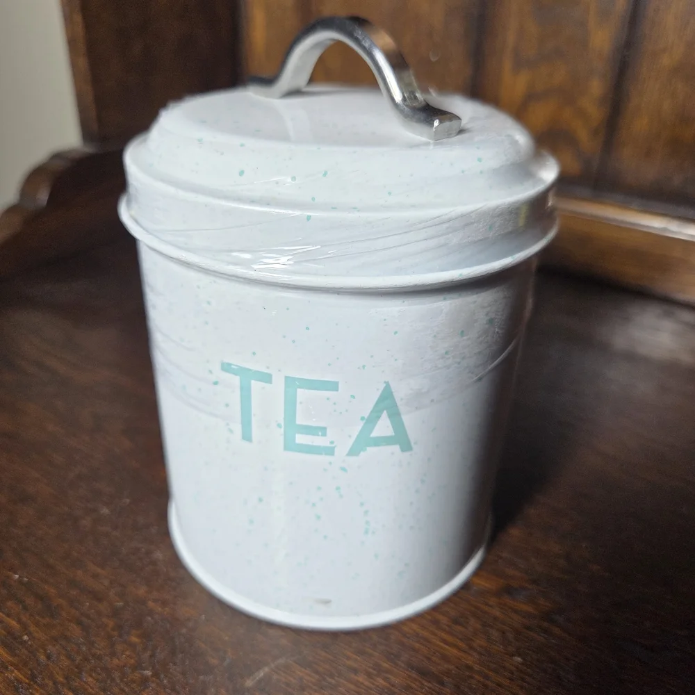 White Tea Canister with Mint Green Lettering